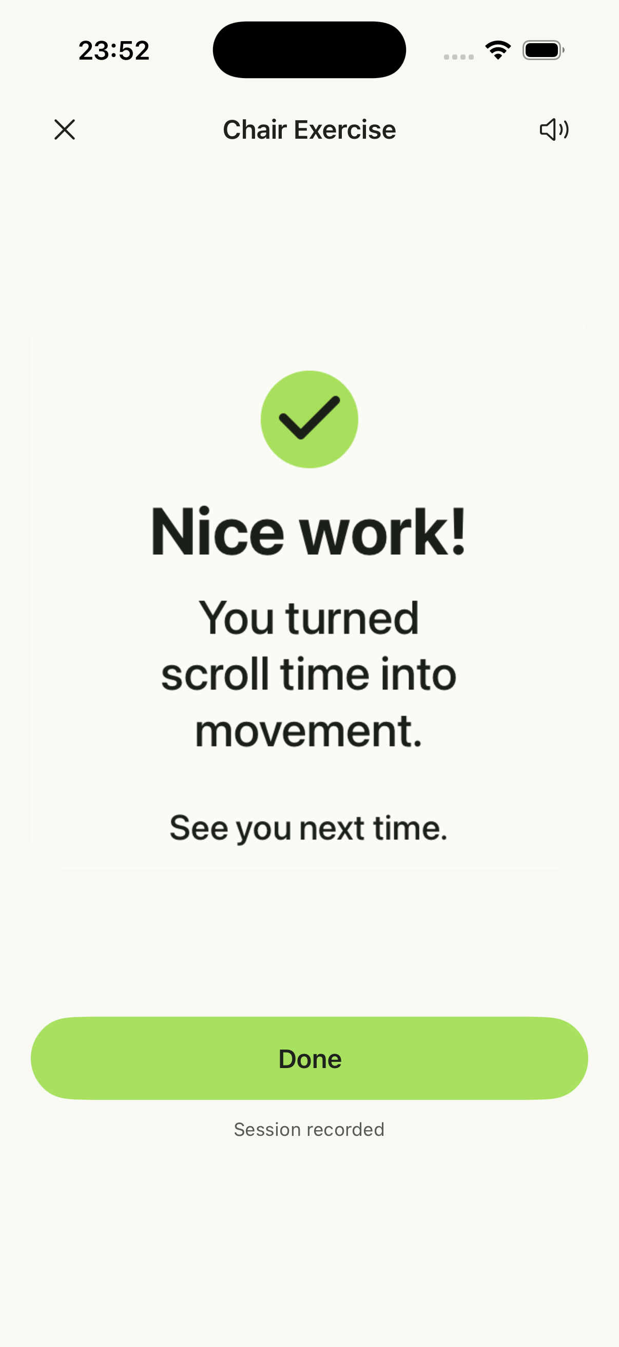 Real FitAnyway completion screen: Nice work, you turned scroll time into movement